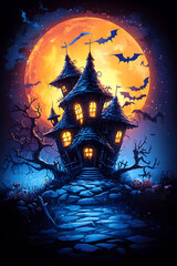Haunted house, orange moon, bats, Halloween night