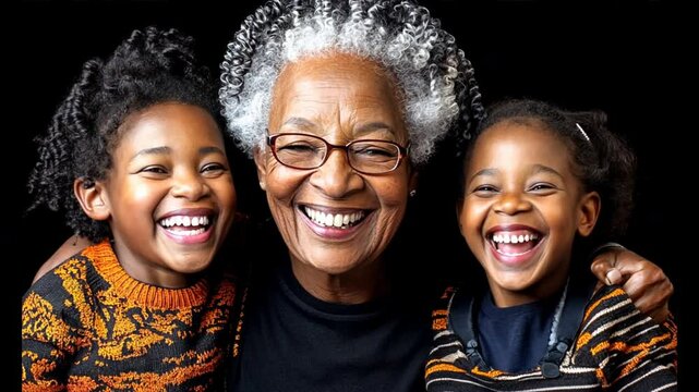 Radiant Moments: An African-American grandmother embraces her grandchildren, their faces alight with genuine smiles and laughter, evoking warmth, familial connection, and timeless love.