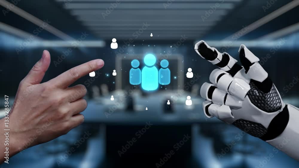 Poster a visual representation of human and robot collaboration featuring digital icons symbolizing teamwor