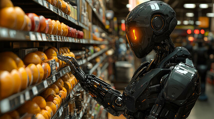 Fototapeta premium AI Robot in Modern Supermarket: High-Tech Automation Meets Retail Innovation