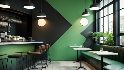 Aesthetic gradient black to green themed cafe interior concept
