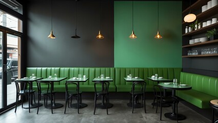 Aesthetic gradient black to green themed cafe interior concept