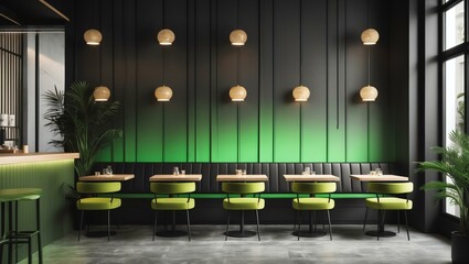 Aesthetic gradient black to green themed cafe interior concept