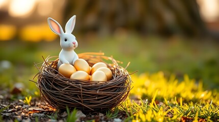 A decorative nest with several golden eggs and a white bunny figurine on grass, space for copy