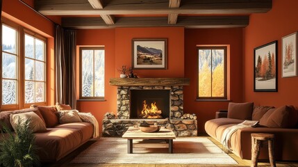 Cozy mountain chalet living room fireplace autumn