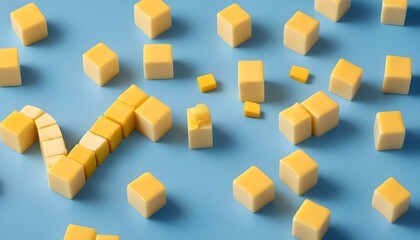 A high-angle, studio shot of a light blue surface with yellow cubes and a thick, wavy line of yellow cream