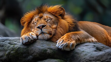 Fototapeta premium Majestic lion peacefully sleeping on a soft perch, calm atmosphere