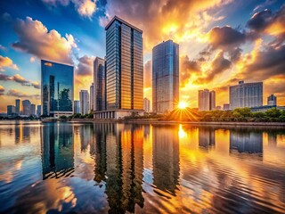 Fototapeta premium Sleek Glass Skyscraper Sunset Reflection City Skyline River Stock Photo