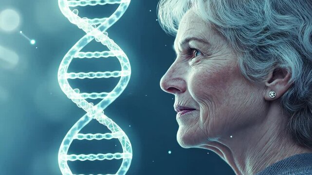 A senior woman gazes thoughtfully as a glowing DNA double helix appears beside her, illustrating the interplay of aging and genetics