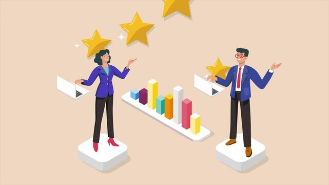 Business colleagues showing positive statistics with five star rating, celebrating success