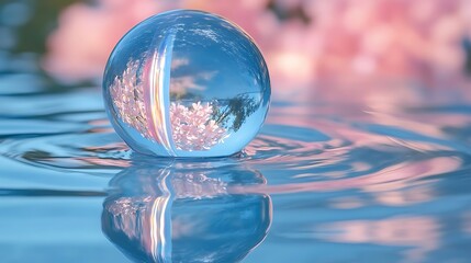 Crystal ball reflecting flowers, water ripples