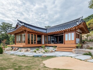 Obraz premium A traditional wooden house sits amid natural landscape under a cloudy sky