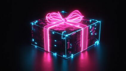 Neon gift box with glowing ribbon
