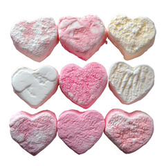 Obraz premium Heart shaped marshmallows with pink isolated on white transparent background