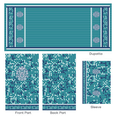 Embroidered floral design ethnic wear with dupatta, sleeve, front and back part on black background