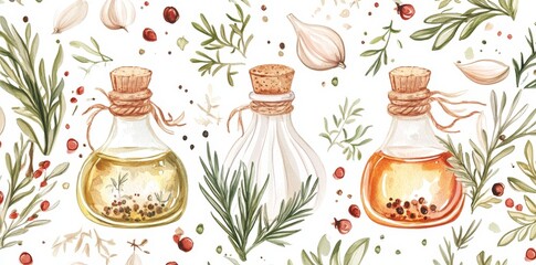 A seamless pattern featuring cooking ingredients forms an elegant food repeat background ideal for applications such as kitchen, restaurant, menu, packaging, fabric, wallpaper, branding, stationery,