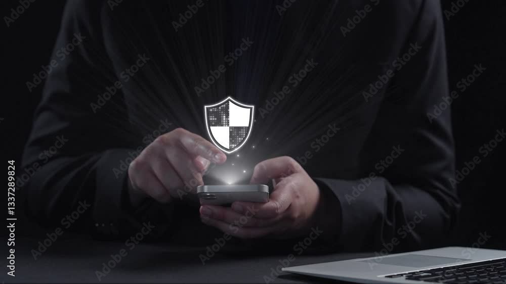 Poster a person interacts with a smartphone in a dark environment, surrounded by digital icons representing