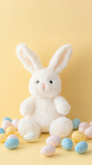 Obraz premium Cute fluffy white bunny with colorful easter eggs on yellow background