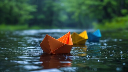 Colorful paper boats sailing rainy forest stream