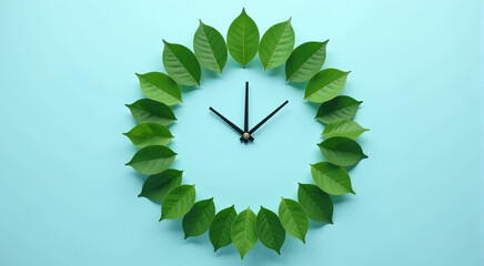 A clock made of green leaves on a light blue background. Eco-friendly time concept.