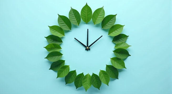 A clock made of green leaves on a light blue background. Eco-friendly time concept.