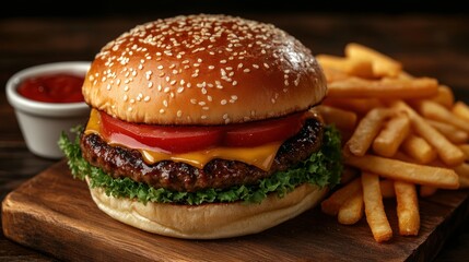 Juicy cheeseburger and fries