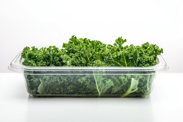 Fototapeta premium Fresh kale leaves are neatly packed in a transparent, sealed container, showcasing their vibrant green color and crisp texture
