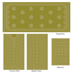 Embroidered floral design ethnic wear with dupatta, sleeve, front and back part on black background