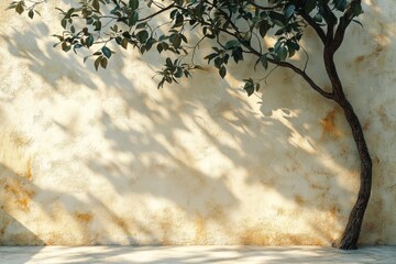 Lush green leaves cast beautiful shadows on a textured wall, creating a tranquil atmosphere in an outdoor setting