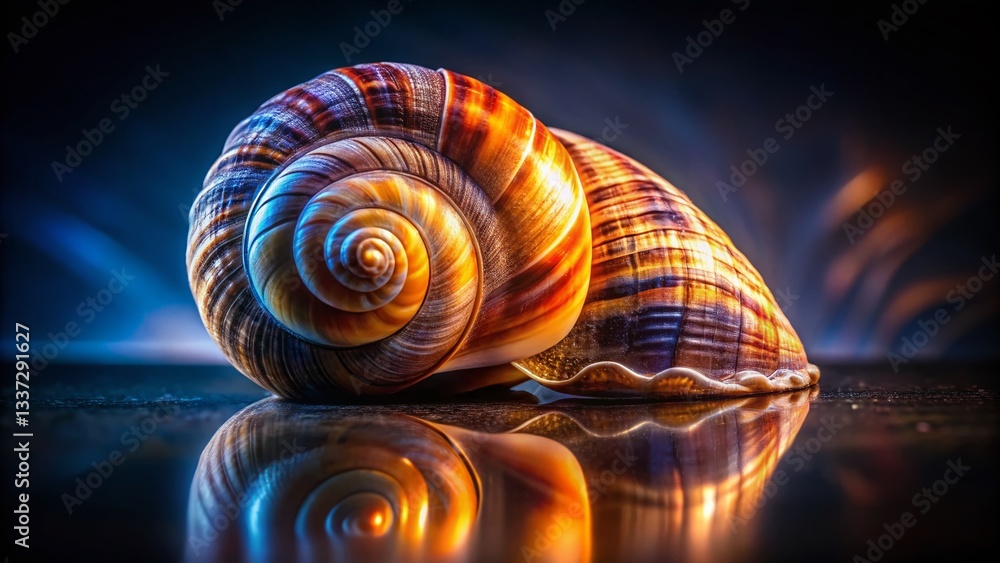 Poster spiral seashell close-up silhouette: nature's elegant curve on shell background