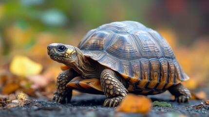 Naklejka premium Close-up of tortoise on leaf-strewn path with detailed shell texture.