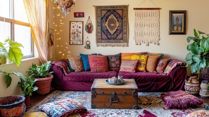 Cozy Boho Chic Living Room. A Stylish and Relaxing Space with Colorful Pillows, Woven Textures, and Greenery. Modern Home Decor and Real Estate Concept.