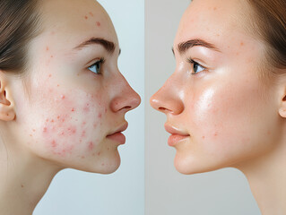Obraz premium Female face before and after acne treatment on a blue background