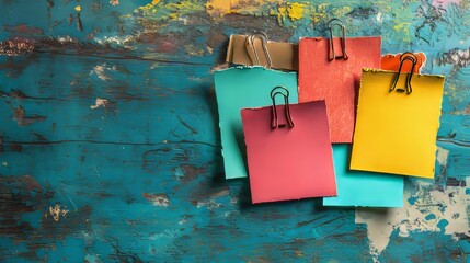 A dark blue wooden background serves as the setting for four vibrant paper notes with clips