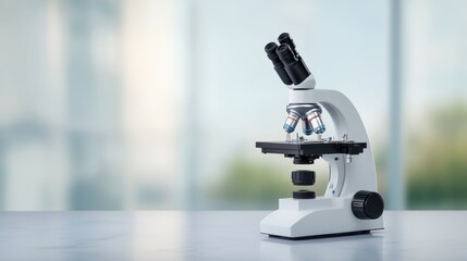 scientific research focus, microscope and lab tools on high-tech research lab table with space for text
