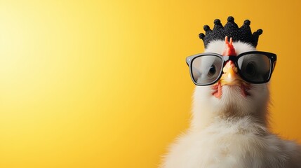 A whimsical chicken striking a pose with stylish glasses and a fun crown against a vibrant yellow background, capturing a playful and humorous essence in an artistic manner.