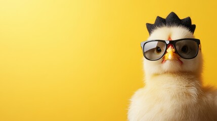 An adorable chick sporting stylish shades and a playful crown under a bright yellow backdrop, presenting a delightful blend of cuteness and creativity full of character.