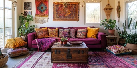Cozy Boho Chic Living Room. A Stylish and Relaxing Space with Colorful Pillows, Woven Textures, and Greenery. Modern Home Decor and Real Estate Concept.