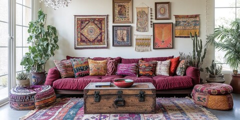 Cozy Boho Chic Living Room. A Stylish and Relaxing Space with Colorful Pillows, Woven Textures, and Greenery. Modern Home Decor and Real Estate Concept.