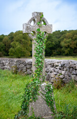 A stone Celtic cross is adorned with climbing ivy, set against a backdrop of lush grass and a...