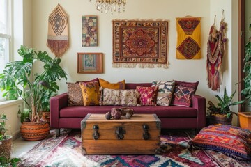 Cozy Boho Chic Living Room. A Stylish and Relaxing Space with Colorful Pillows, Woven Textures, and Greenery. Modern Home Decor and Real Estate Concept.
