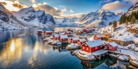 Stunning Aerial View of Nusfjord Fishing Village, Lofoten Islands, Norway - Winter Wonderland