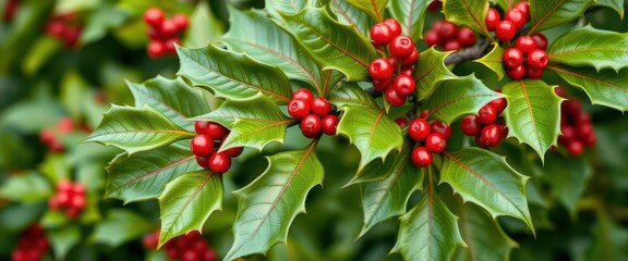 Obraz premium A vibrant holly branch, lush green leaves contrasting with bright red berries, rustic, nature