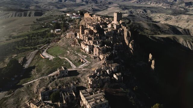 Panoramic view of the ancient abandoned city of Craco in the Basilicata region, Italy. Stunning 4K footage showcasing this unique Italian tourist destination and historical site.