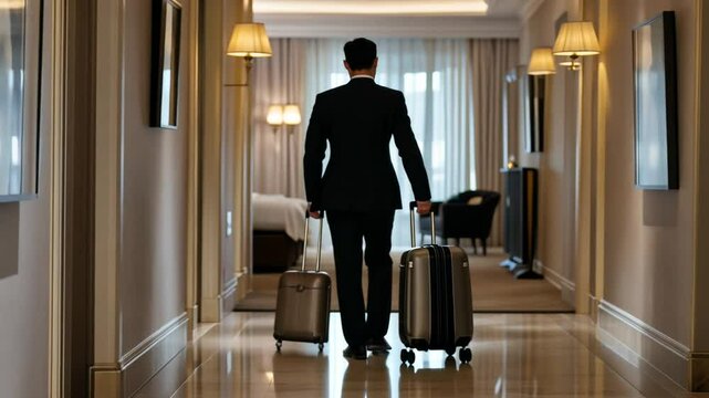 A professional hotel porter delivering luggage in a stylish hallway