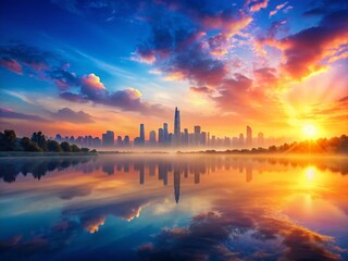 Naklejka premium Stunning Sunrise City Skyline Reflection in Serene Lake - Looping Animation Background