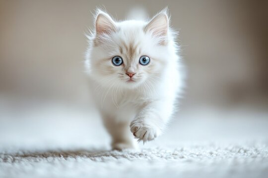Adorable white kitten with blue eyes playfully runs toward the camera on a cozy, light-colored surface in a softly lit room