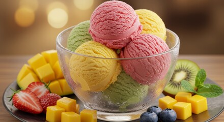 A luxurious food photography composition featuring a glass dessert bowl filled with vibrant, multi-colored ice cream scoops - strawberry pink, mango yellow, pistachio green, and blueberry purple