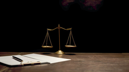 Dark, strict background with images of legal symbols