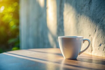 Fototapeta premium Summer Morning Coffee: White Cup on Light Gray Wall Panoramic